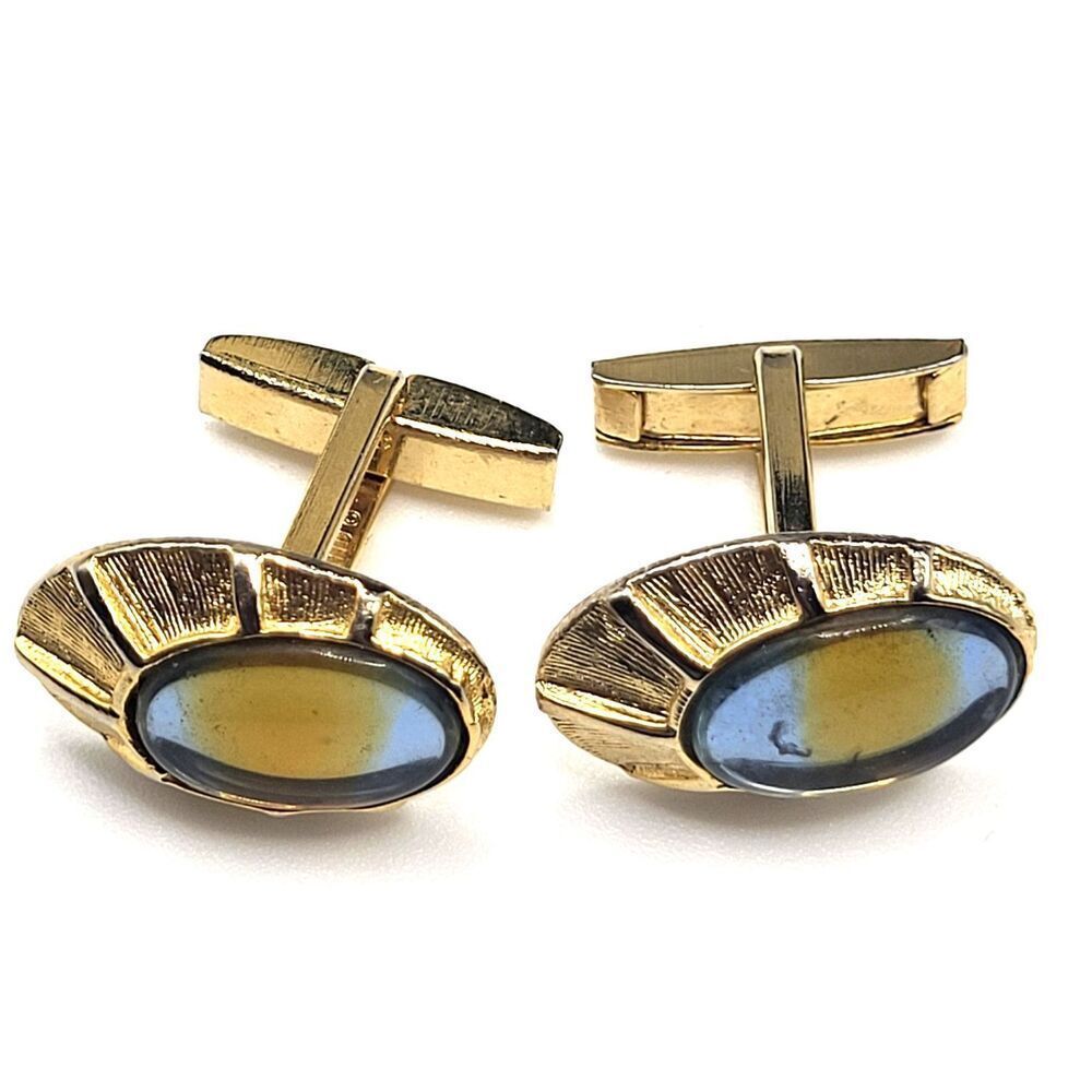 Vintage Gold Plated Cat Eye Cabochon Art Noveau Cuff Links Avon Made in USA 1in